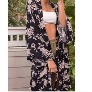 Spiritual Gangster Kimono Floral Robe Duster Cardigan Black & White OS